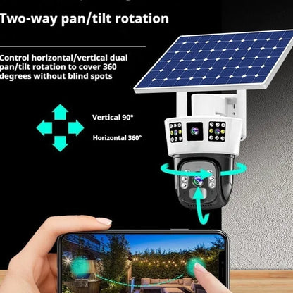 Solar-powered binocular surveillance camera with three-screen viewing capability