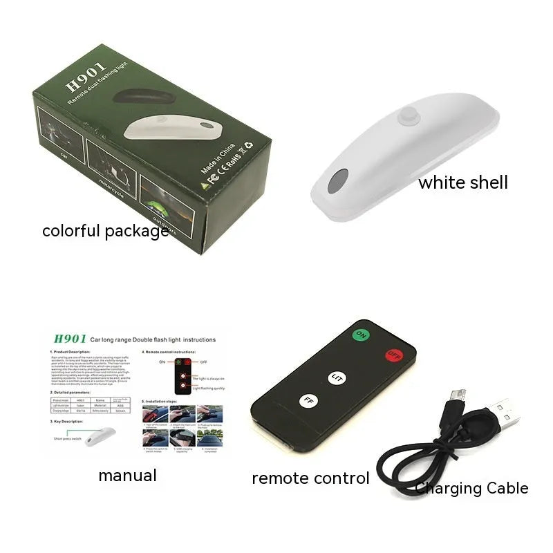 Black and white remote control car strobe light for safety in rain and fog, shown with its charging cable.