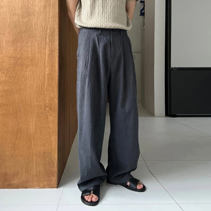 Army Green Japanese style linen trousers for men with drawstring waist