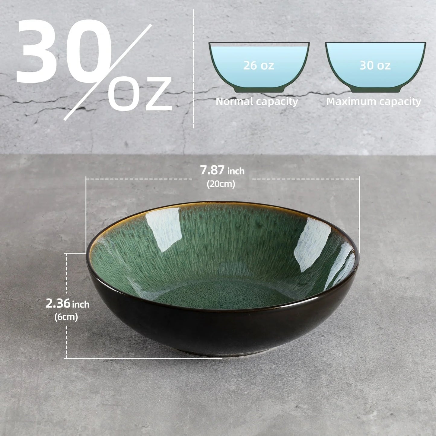 Unique peacock green ceramic bowl set, 30oz each, dishwasher, microwave, and oven safe