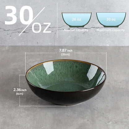 Unique peacock green ceramic bowl set, 30oz each, dishwasher, microwave, and oven safe