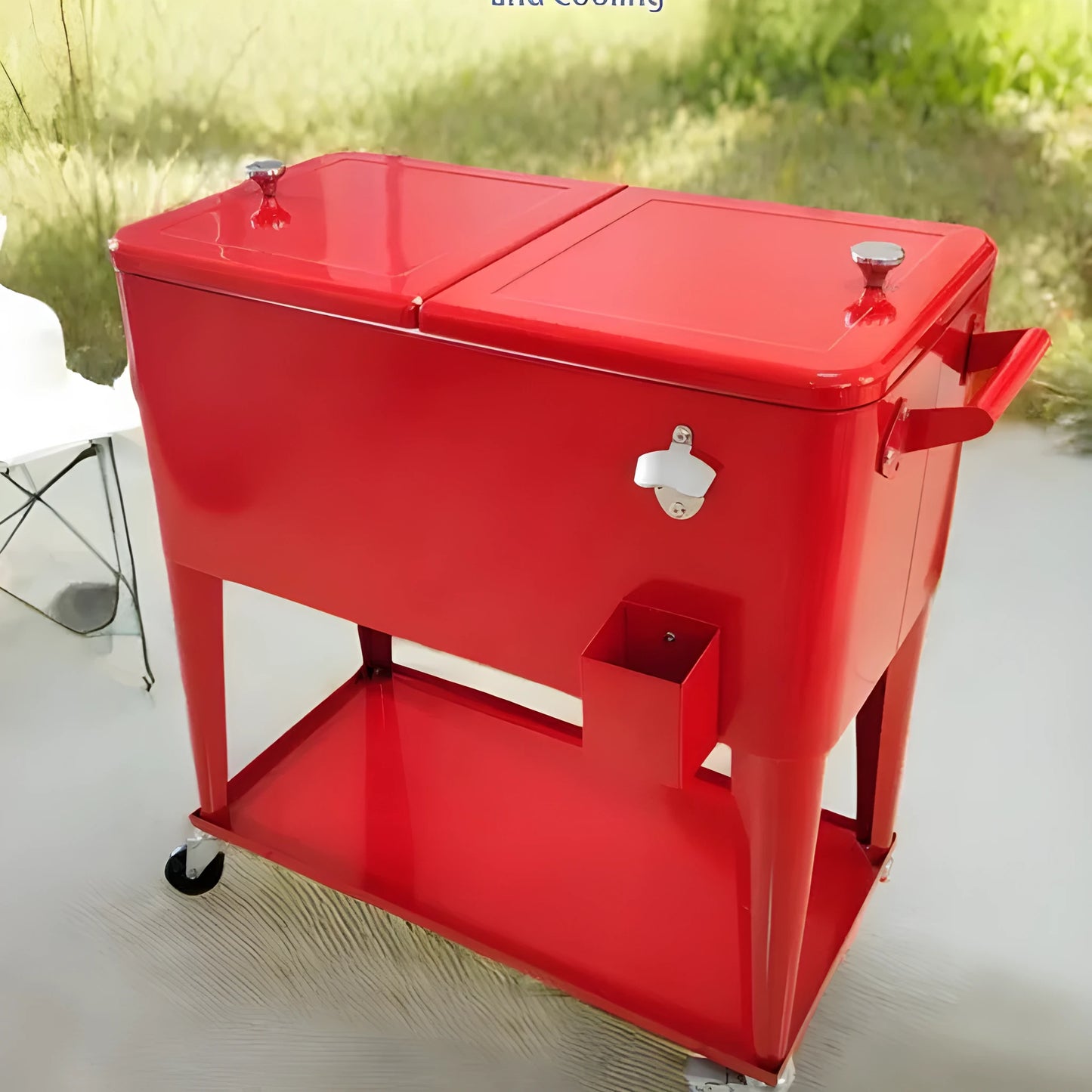 Red outdoor insulated picnic trolley with metal heat preservation box and wheels
