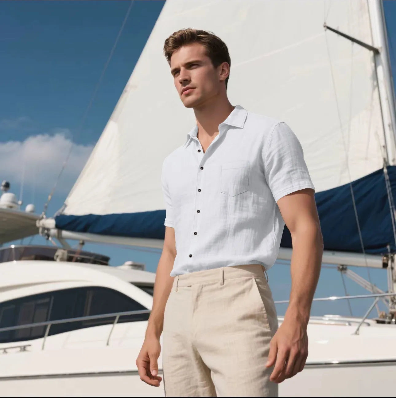 Men's loose fit short-sleeved linen blend shirt in a cardigan style, shown in a solid colour.