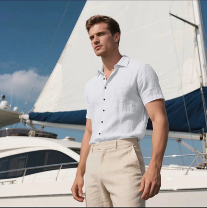 Men's loose fit short-sleeved linen blend shirt in a cardigan style, shown in a solid colour.