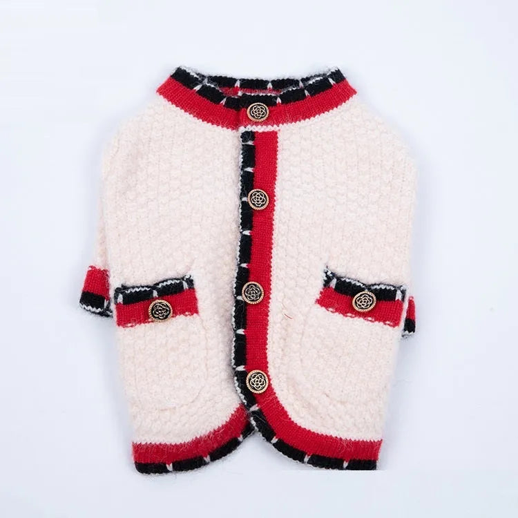 Blue wool knitted dog cardigan sweater with classic princess style design shown on mannequin