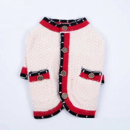 Blue wool knitted dog cardigan sweater with classic princess style design shown on mannequin