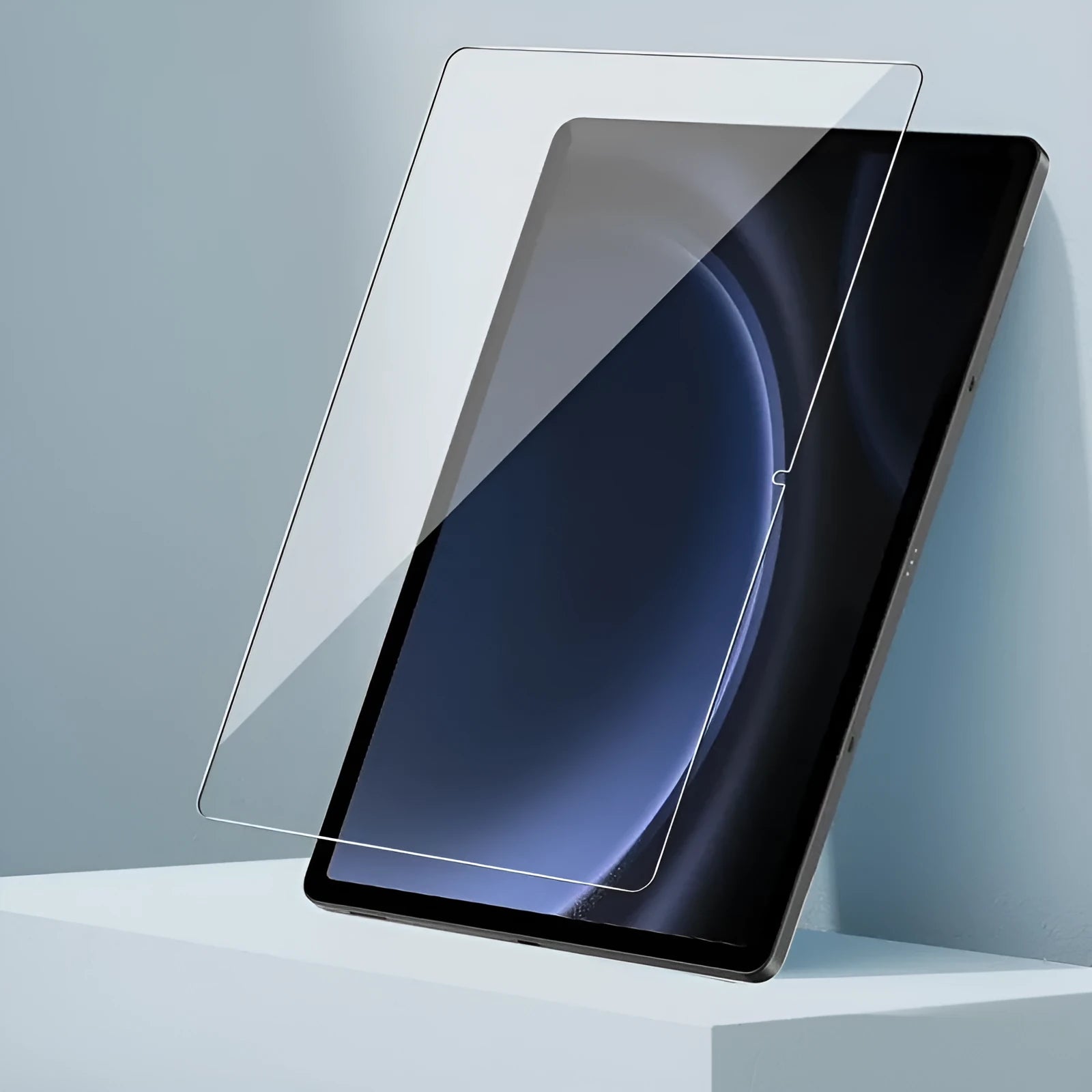 Tempered glass screen protector for Samsung Galaxy Tablet showing HD clarity and full-screen coverage.