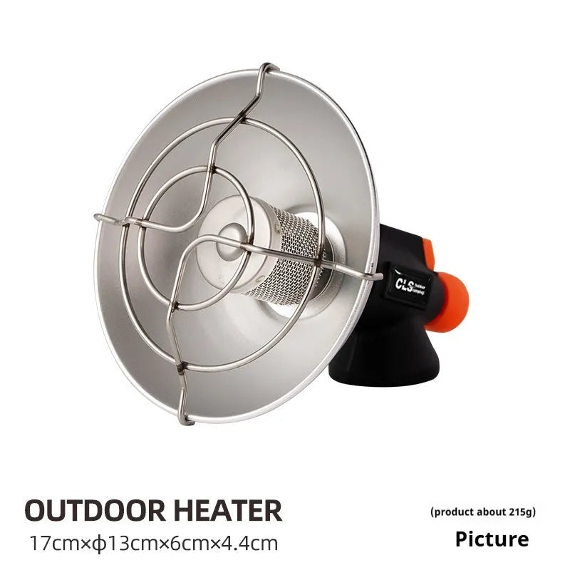 Black and orange portable heating stove with automatic ignition for camping, weighing 215g.