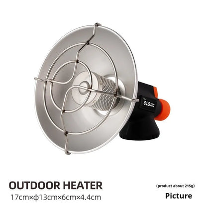 Black and orange portable heating stove with automatic ignition for camping, weighing 215g.