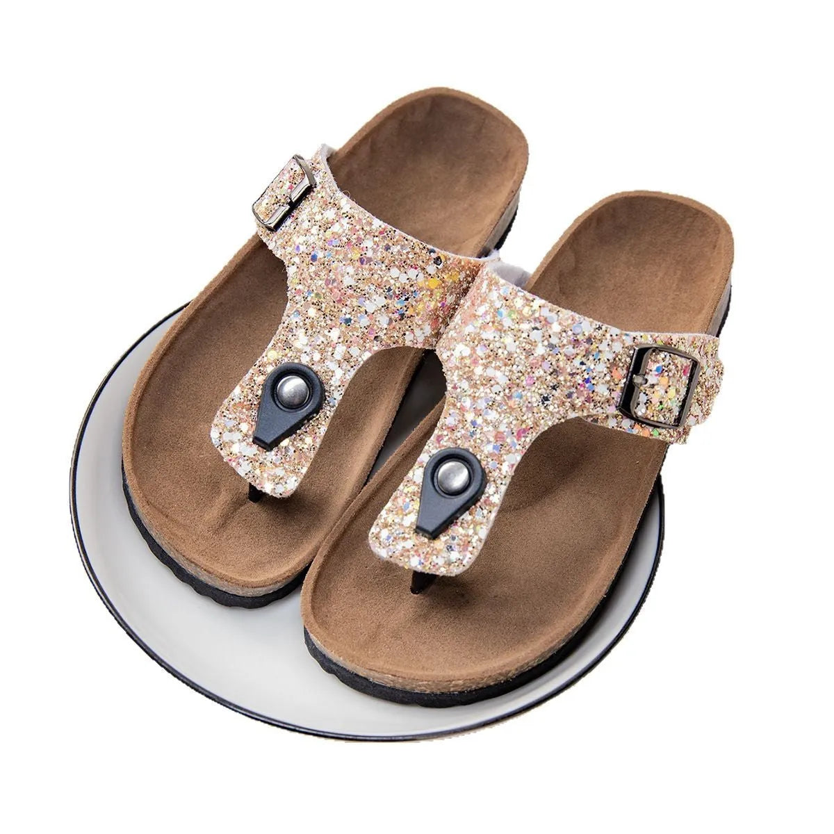 Cork flip-flops with frosted PVC sole and artificial leather upper in pink, silver, and gold colours