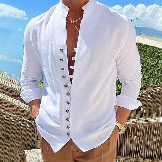 Comfortable linen-blend casual shirt in various colors and sizes with stand collar and relaxed fit design