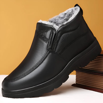 Men's black winter cotton slip-on shoes with fleece lining and rubber soles