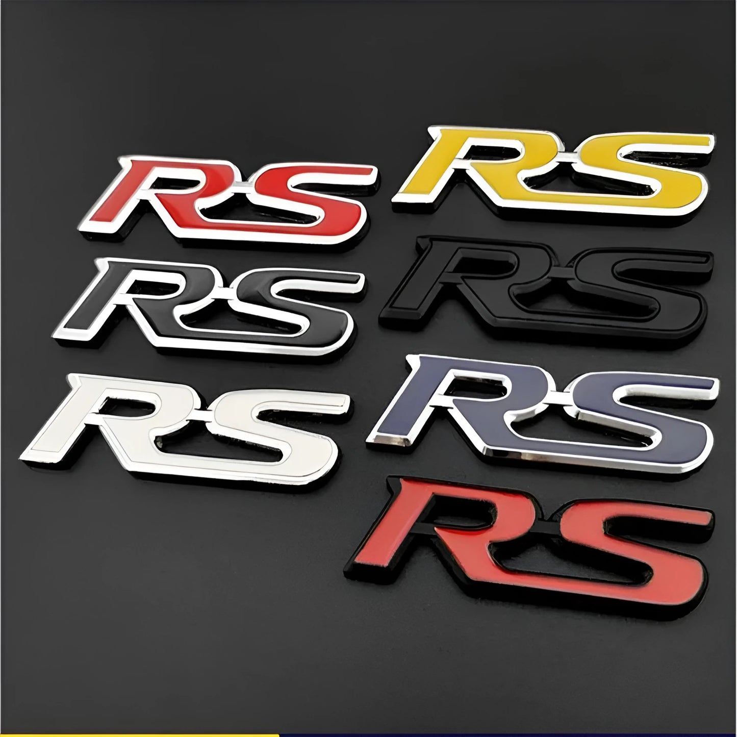 Zinc alloy RS pattern car sticker measuring 9x2.4cm in silver-edged blue colour option