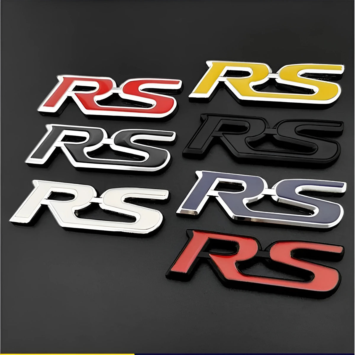 Zinc alloy RS pattern car sticker measuring 9x2.4cm in silver-edged blue colour option