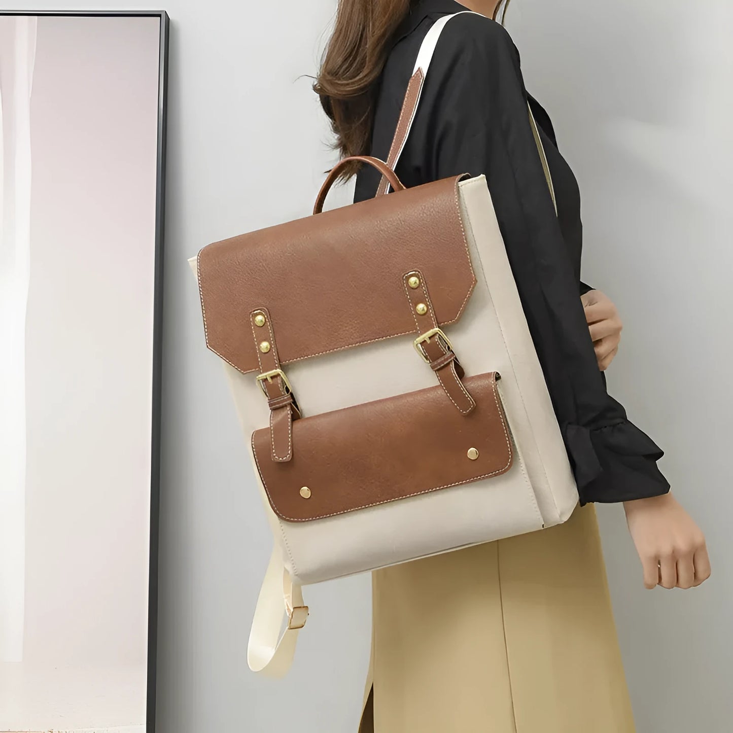 Korean style retro simple backpack in brown colour showing PU material and ventilation design