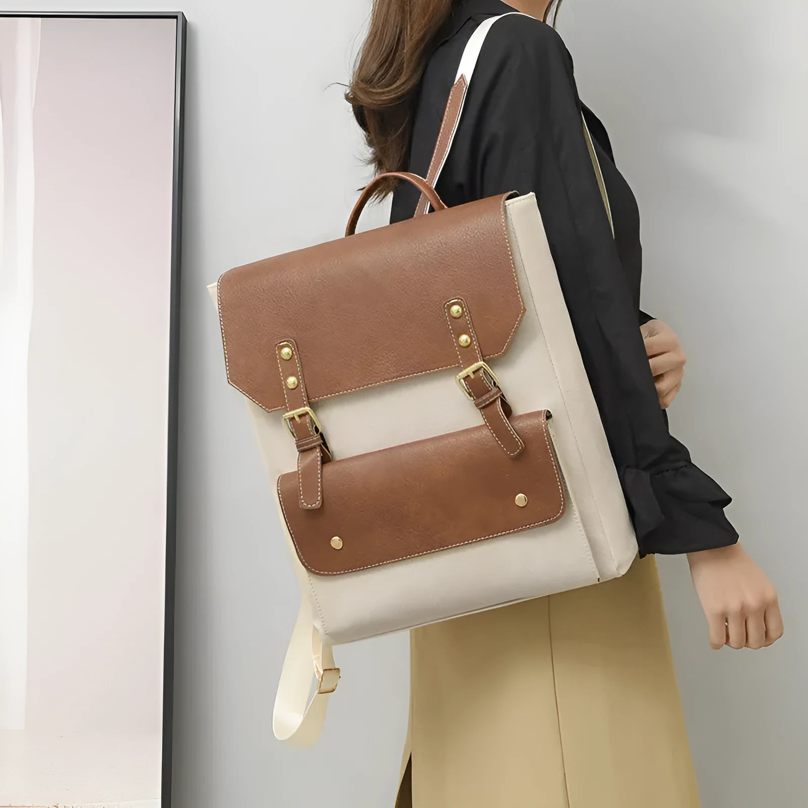 Korean style retro simple backpack in brown colour showing PU material and ventilation design