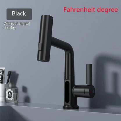 Sleek digital faucet with temperature display, 360° rotation, and pull-out hose for modern kitchen and bathroom needs