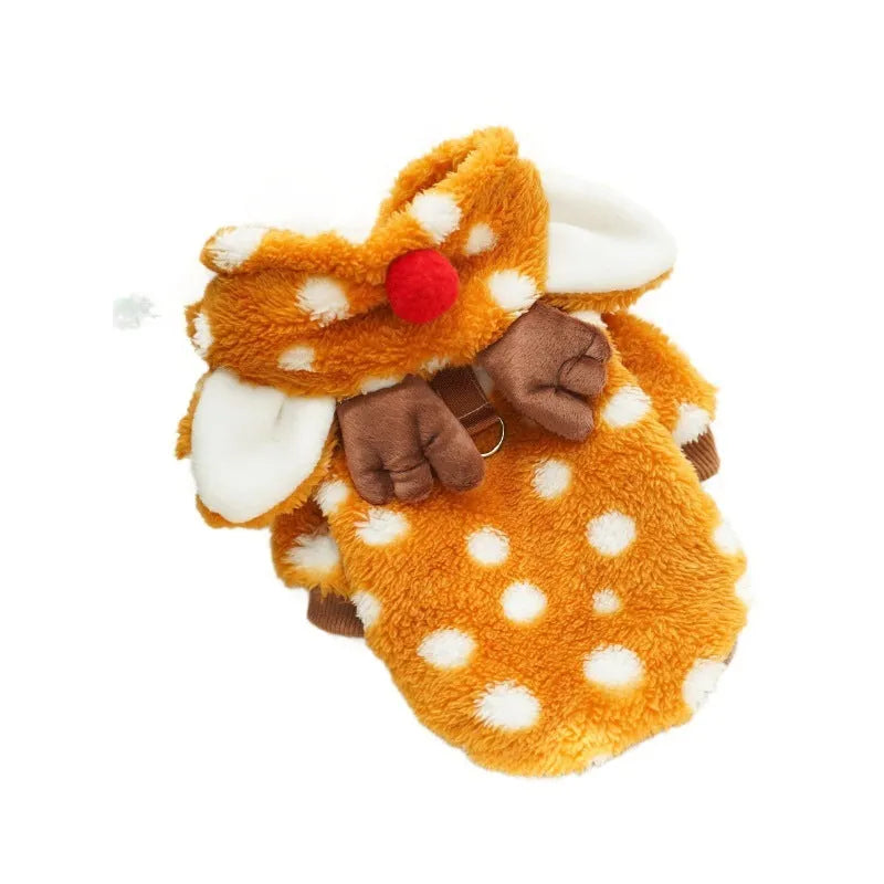 Elk-themed fleece-lined dog Christmas costume shown in size options from XS to XXL