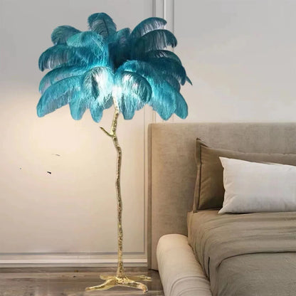 Decorative resin feather floor lamp with 32 feathers in dark green, pink or white colours measuring 170cm tall