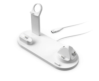 Black universal mobile phone and smartwatch charging stand with wireless pad on desk