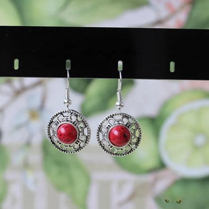 Handmade Miao silver turquoise earrings with geometry shape and totem patterns in black colour option