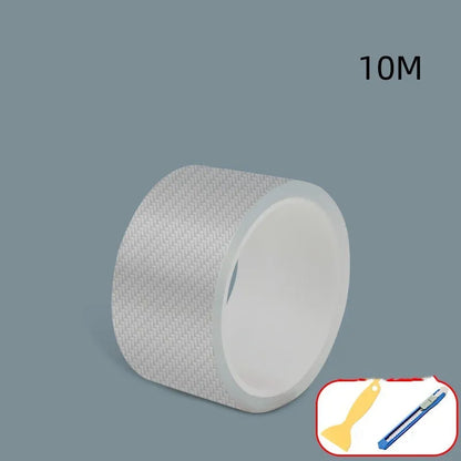 Carbon fibre grain transparent anti-collision protection strip roll for car doors with scraper and utility knife.