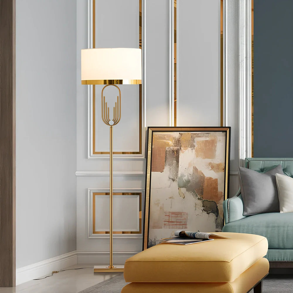 Modern vertical floor lamp with adjustable height and fabric shade for reading and desk work
