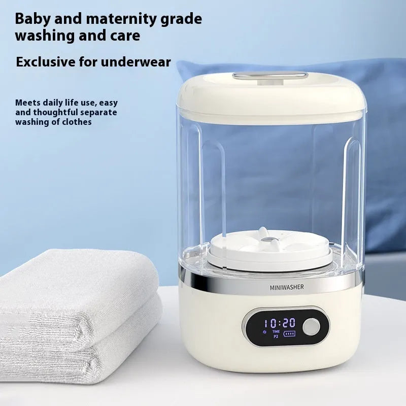 Portable Dehydratable Automatic Cleaning Machine White resin material rotatable function with Type-C charging interface compact dimensions 130mm by 133mm by 205mm for travel personal use small item washing and stain removal