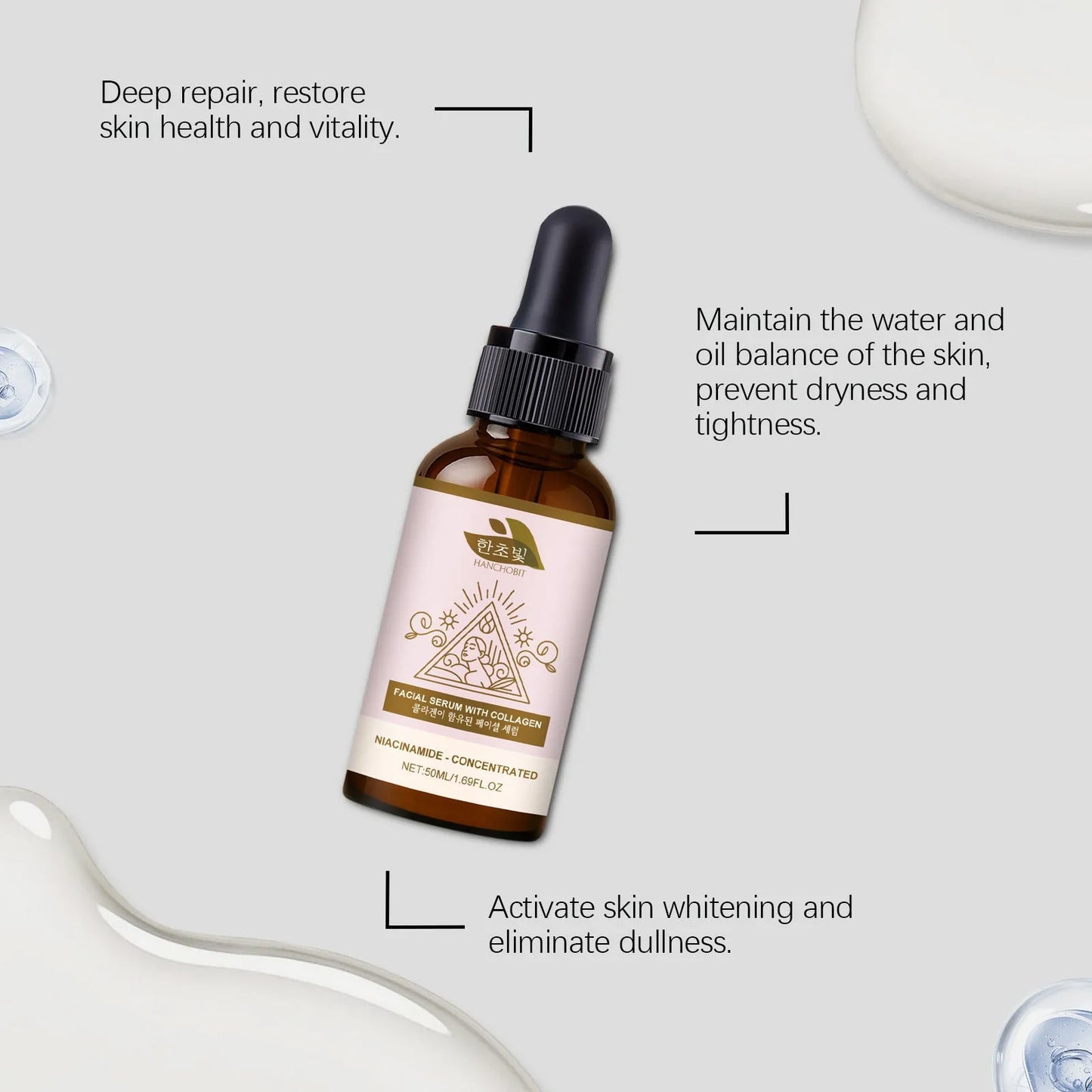 Collagen facial fluid 50ml bottle with nicotinamide hydrating essence for face and neck skincare