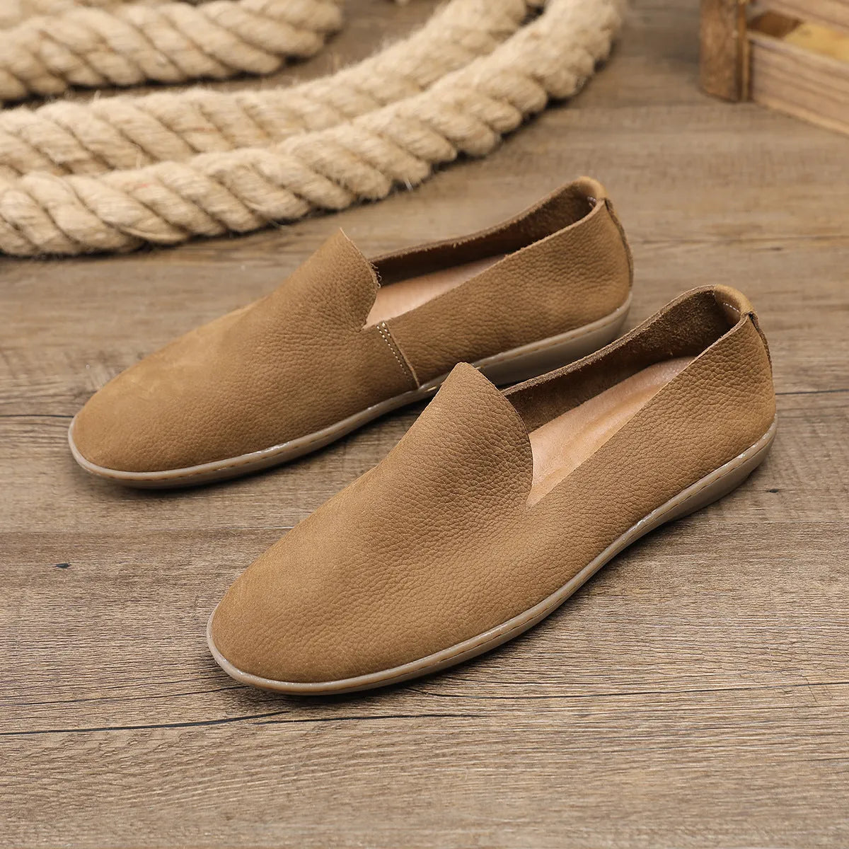 Men's handmade leather casual shoes in khaki colour with low top design and rubber sole