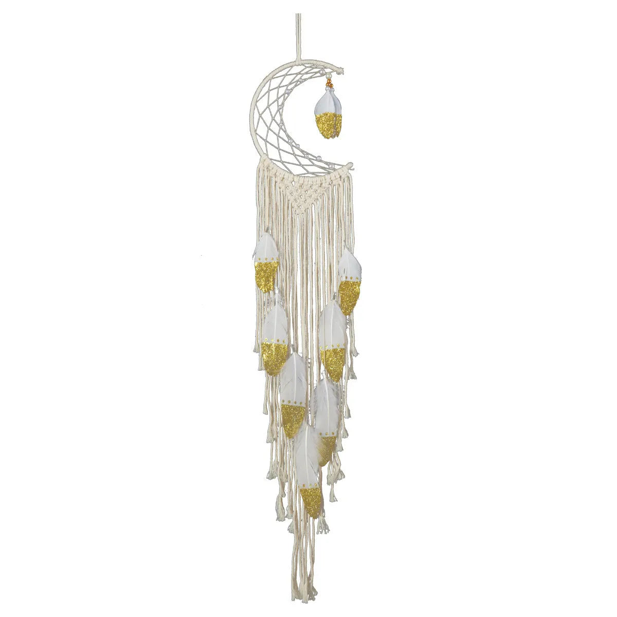 Gold crescent dream catcher wall decoration made from woven cotton thread, 20cm wide by 100cm high.