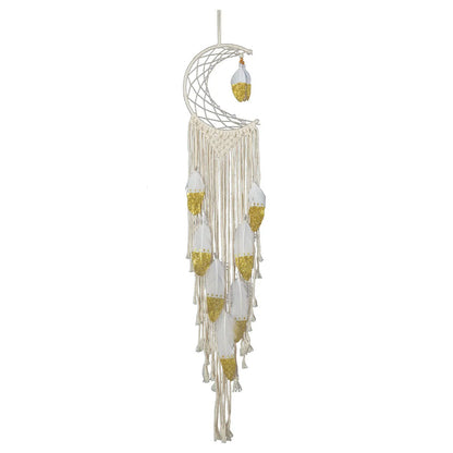 Gold crescent dream catcher wall decoration made from woven cotton thread, 20cm wide by 100cm high.