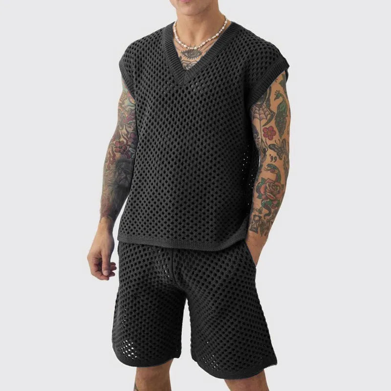 Men's blue V-neck sleeveless knitted vest and matching shorts sports suit on a hanger.