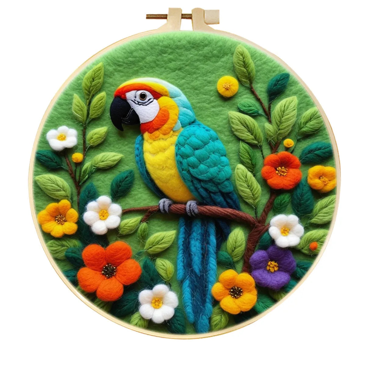 Round three-dimensional embroidery kit with linen fabric, wool felt pieces, and embroidery frame for 20x20 cm blanket painting