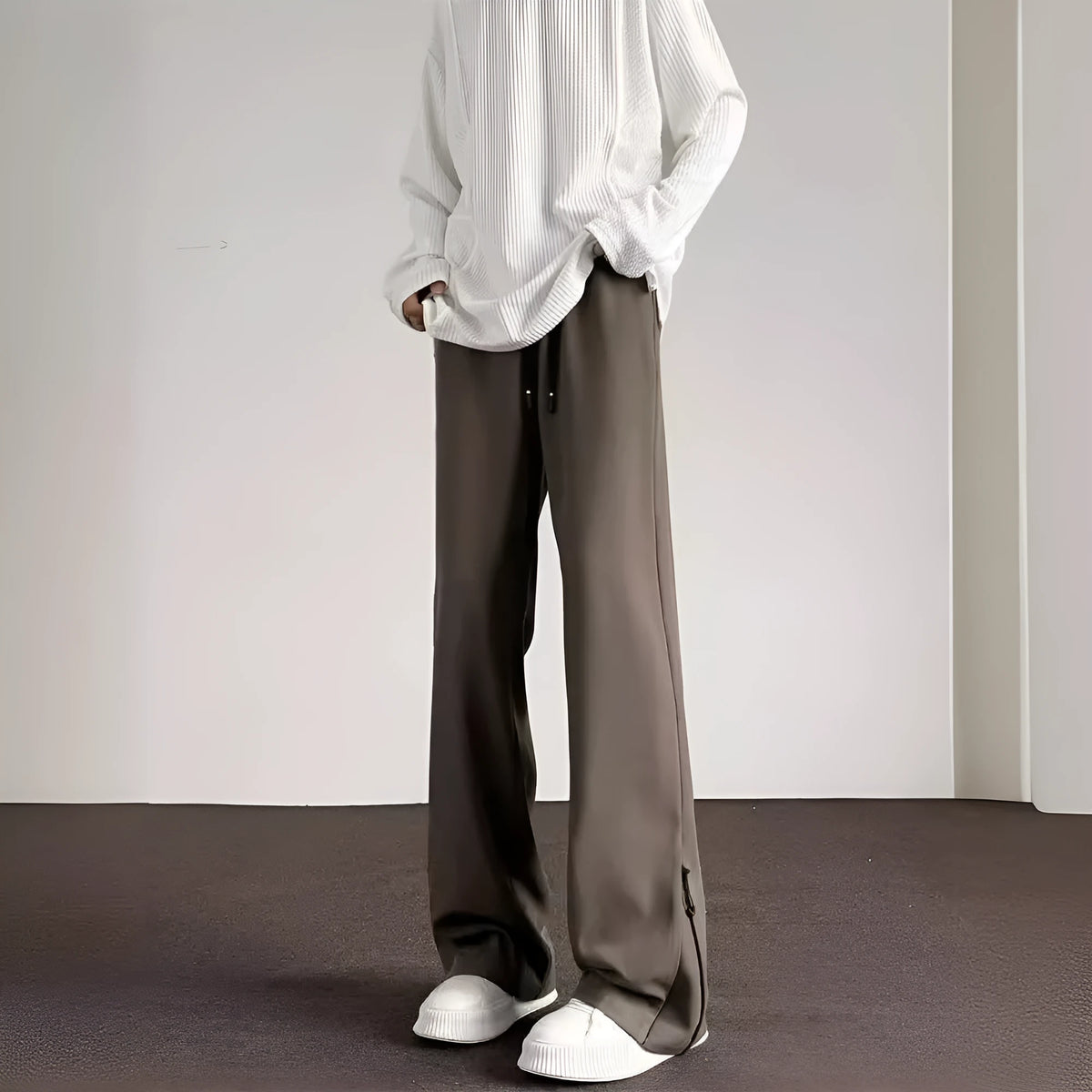 Men's straight leg casual trousers in black or brown, polyester blend, drawstring mid waist, sizes M-XXL