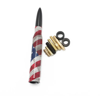14cm long bullet car antenna shown in colour black, camouflage green, and American flag designs.