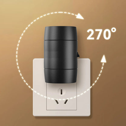 White adjustable brightness rotating induction night lamp showing light head rotation and plug
