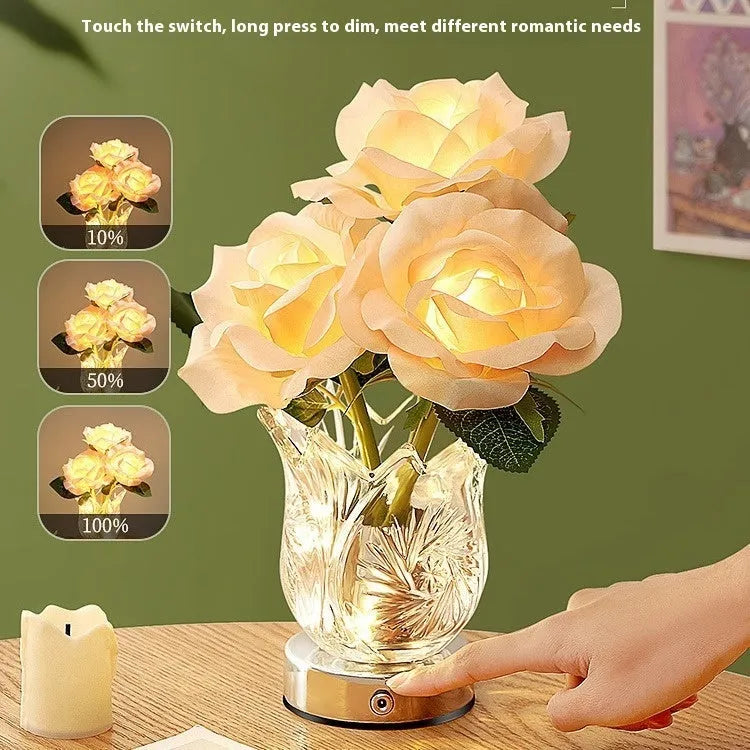 Modern crystal flowers design rechargeable touch dimming table lamp on a wooden surface.