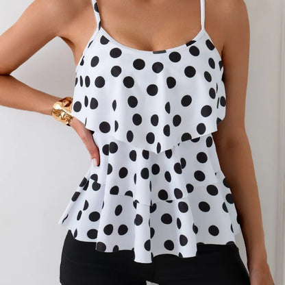 Women's black and white split swimsuit with double-shoulder straps and high-waist briefs