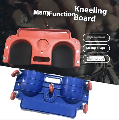 Plastic car repair knee board with universal wheel, shown in blue or red, for household kneeling tasks