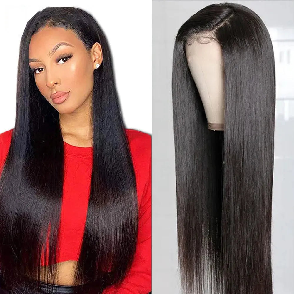 13x4 straight human hair wig with hand-woven lace front, available in 8-32 inch lengths and 150-250% density