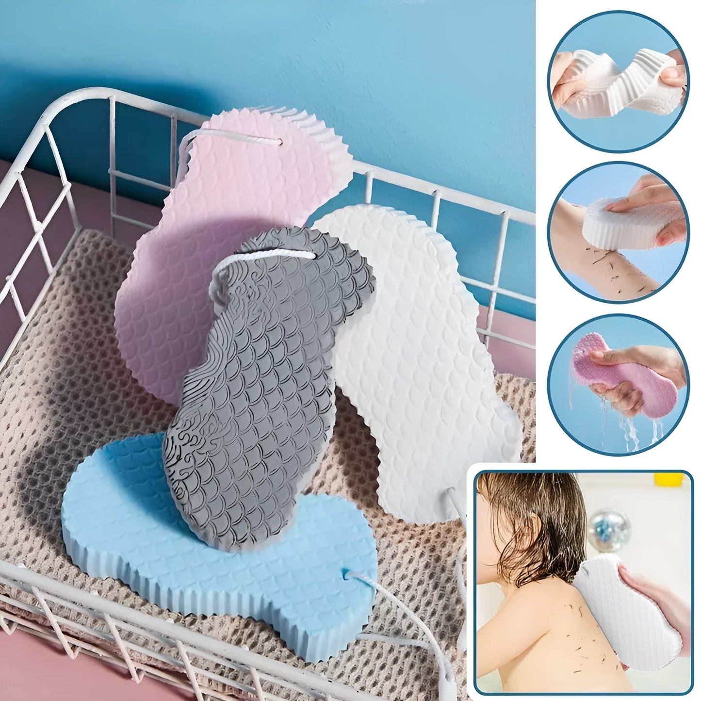 3D fish scale pattern bath sponge in white, grey, pink, or light blue for gentle exfoliation
