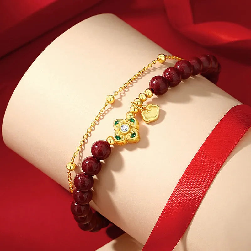 Sterling silver women's bracelet with Ruyi Xiangyun cinnabar flower geometric design