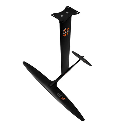 Black carbon fibre and aluminium racing hydrofoil for surfboards with large front wing.