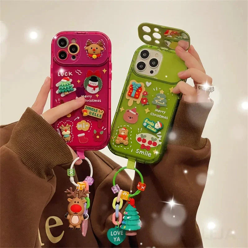 Festive Christmas Santa Claus Elk Hat Pendant Flip Phone Case for iPhone in rose red and green