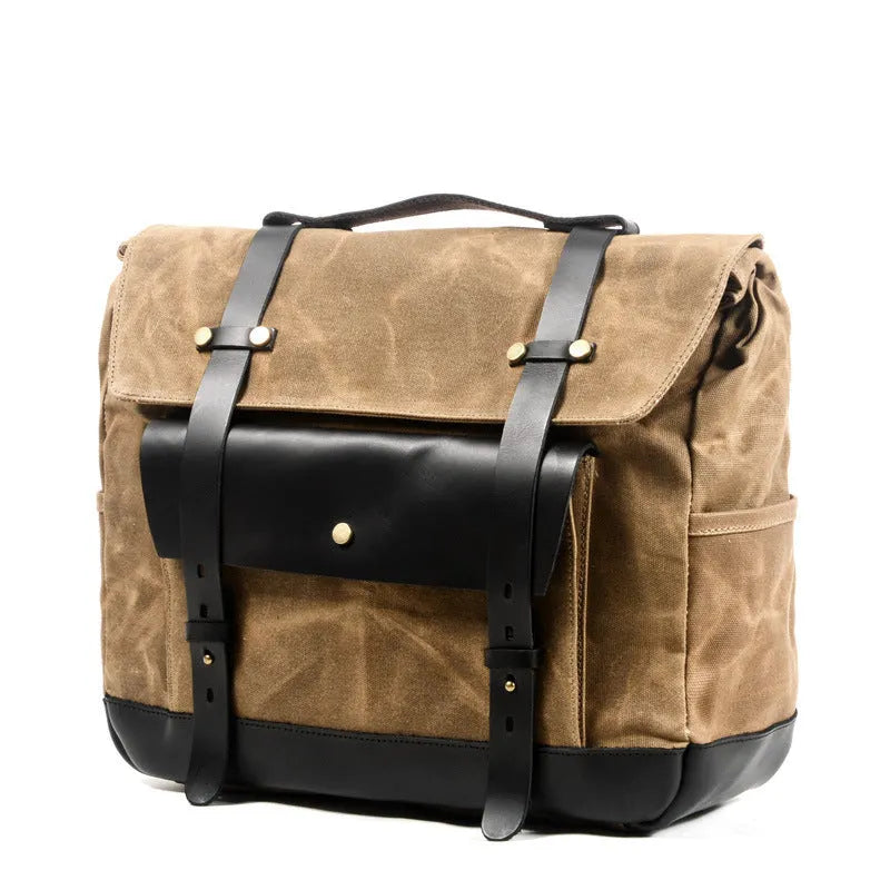 Camel Bag Knight cotton messenger bag in army green with helmet inside, showing internal organiser pockets.