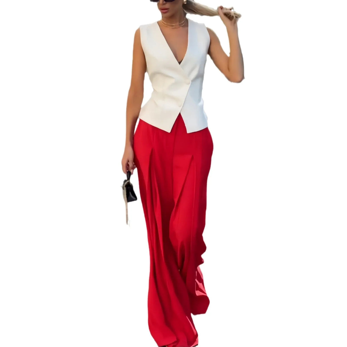 Women's beige polyester two-piece set with deep V-neck sleeveless top and wide-leg trousers
