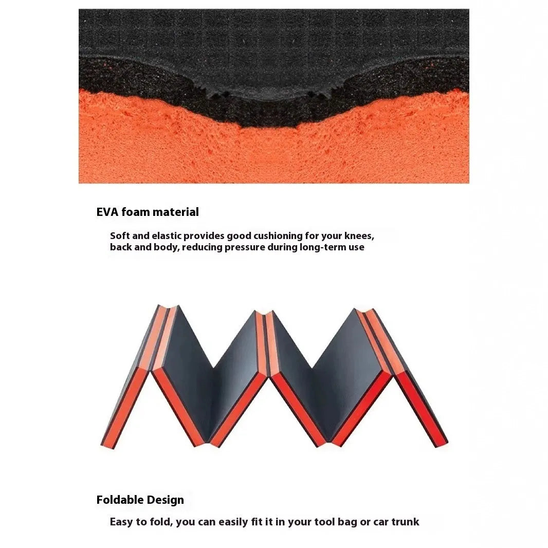 Green EVA foam folding kneeling mat unfolded on a garage floor