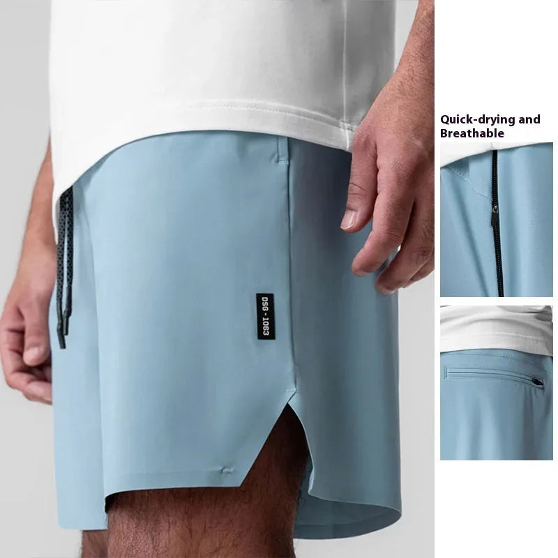 Men's seamless grey sports shorts in straight leg, knee-length quick-dry polyester design.