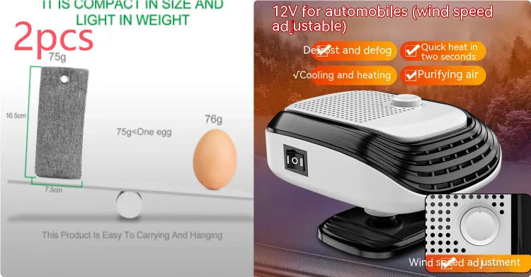 Compact white car heater with ventilation grilles measuring 5x11x13cm for 12V and 24V vehicle installation